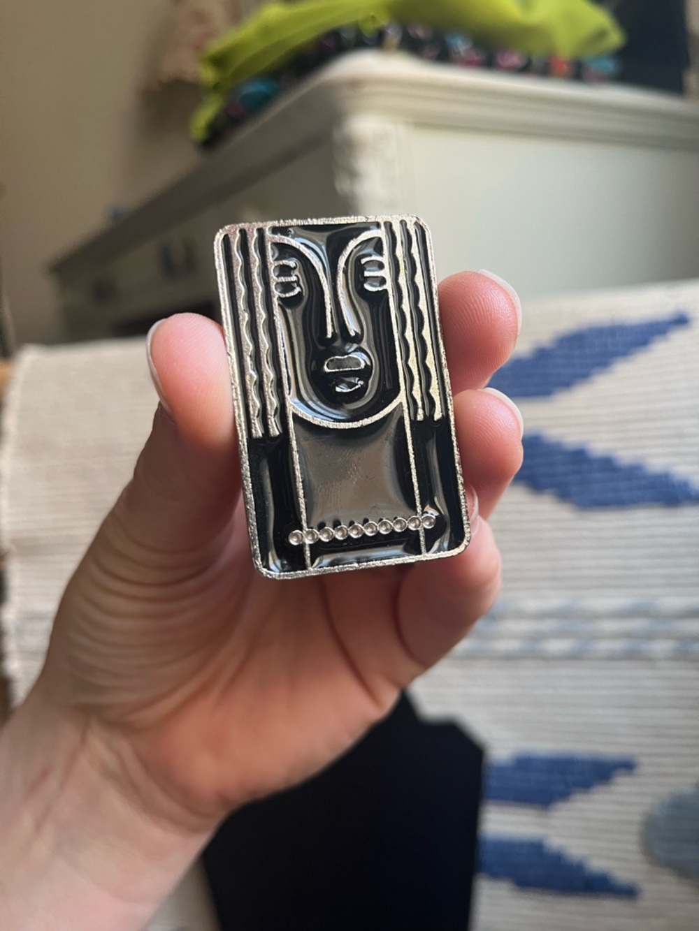 Abstract Face Silver Pewter Black Rectangular Brooch / Pendant